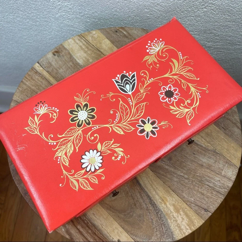 Vintage l 70s Bohemian Boho Metallic Floral Cardboard Vanity Jewelry Box Drawers